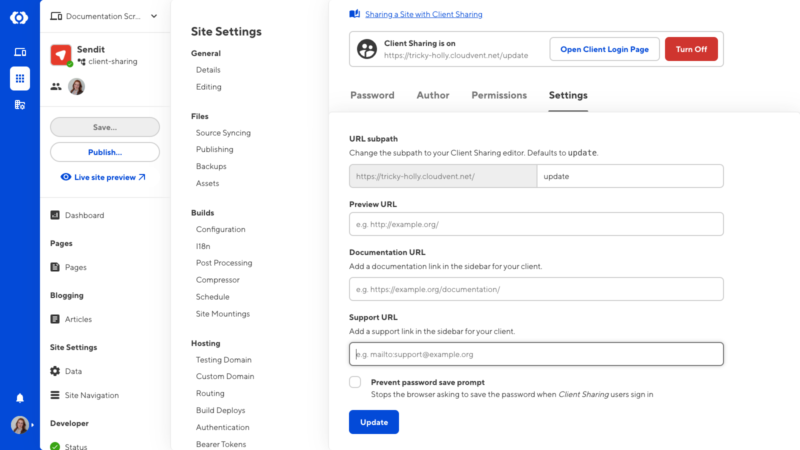 A screenshot of the Settings tab on the Client Sharing pages shows a field to update the URL subpath of your Client Login page and a checkbox to prevent browsers asking to save Client passwords.