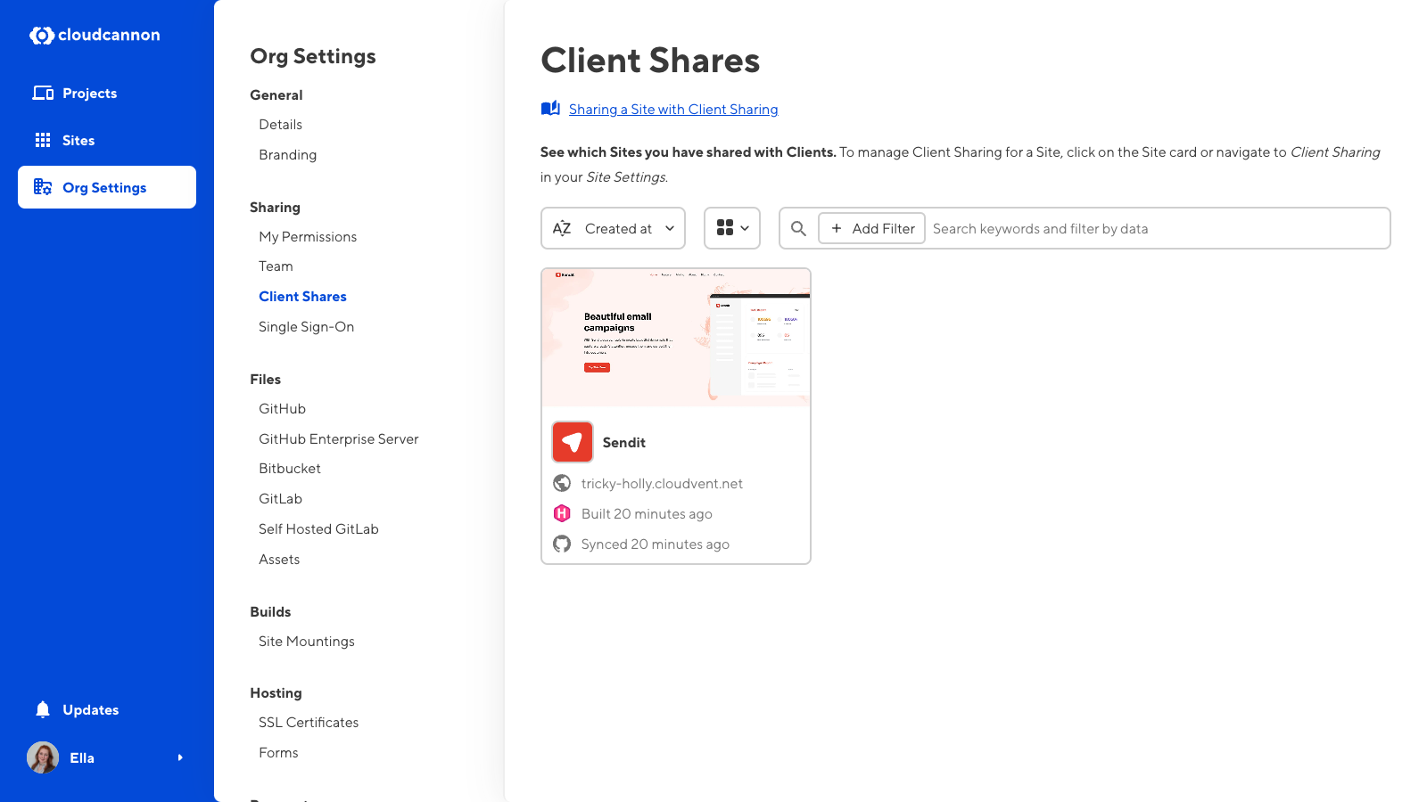 A screenshot of the Client Shares pages shows one Site with Client Sharing enabled.