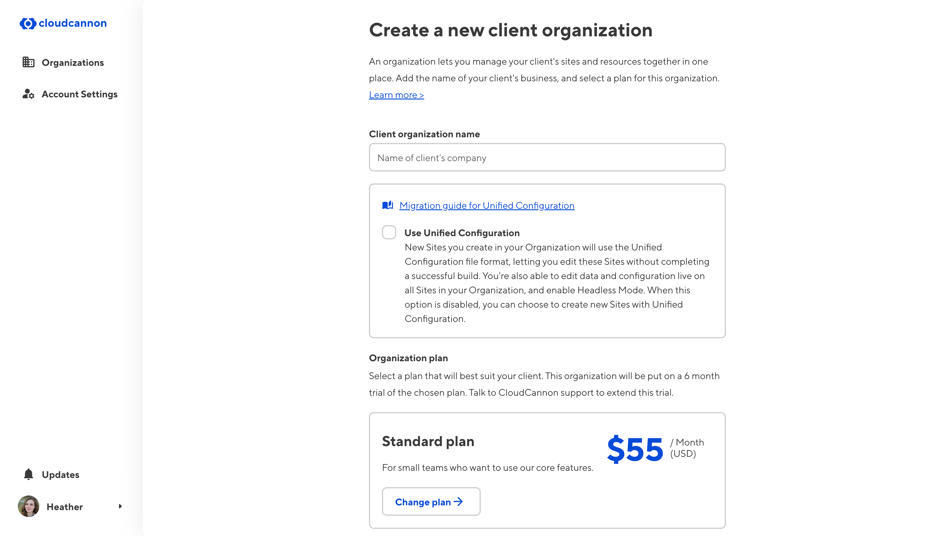 A screenshot of the Create a new Client Organization page shows a filed for Org name, Unified Configuration, and pricing plan.