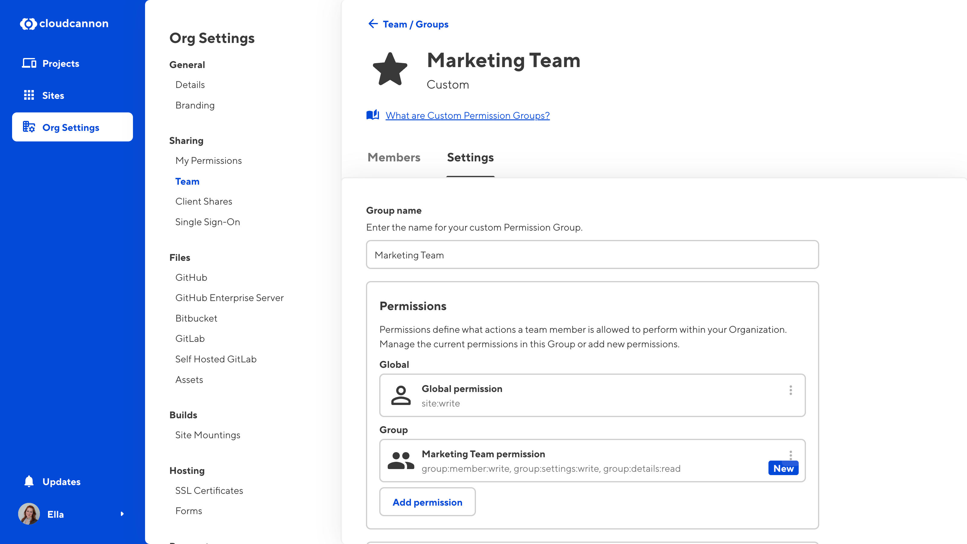 A screenshot of the Marketing Team Permission Group page shows one existing permission and one new permission, as well as the Add Permission button.