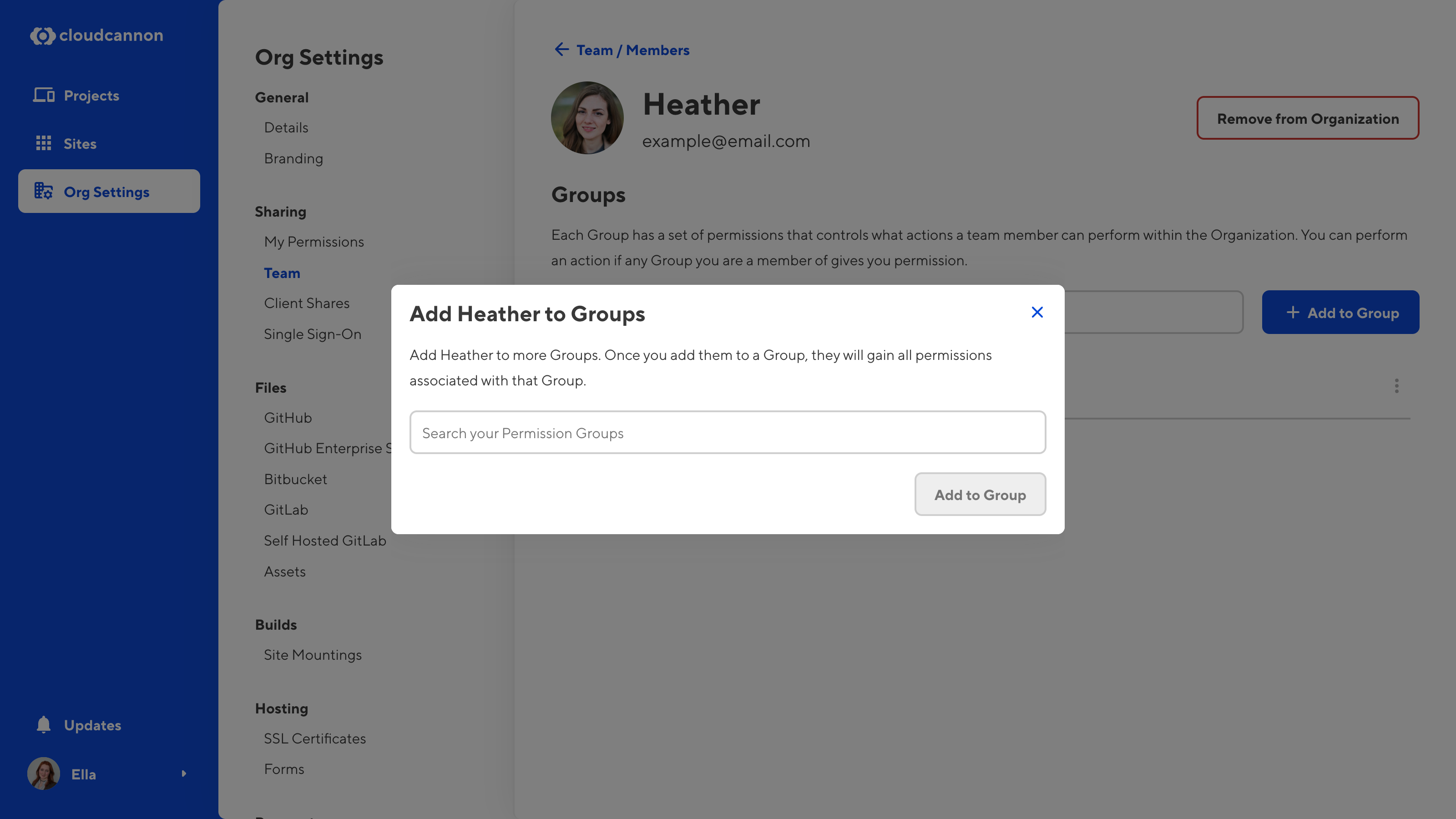 A screenshot of the Team Member page shows the Add to Team Member to Groups modal with a field for Permission Groups.