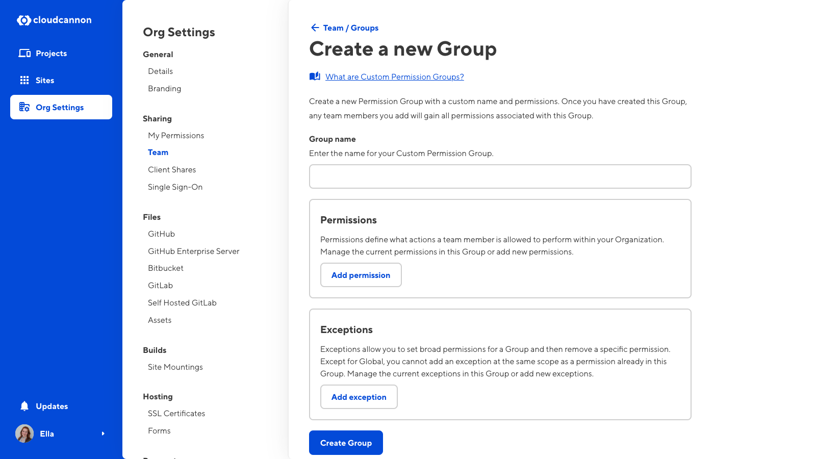 A screenshot of the Create A New Group page shows the options to add a name, permissions, and exceptions to a Custom Permission Group.