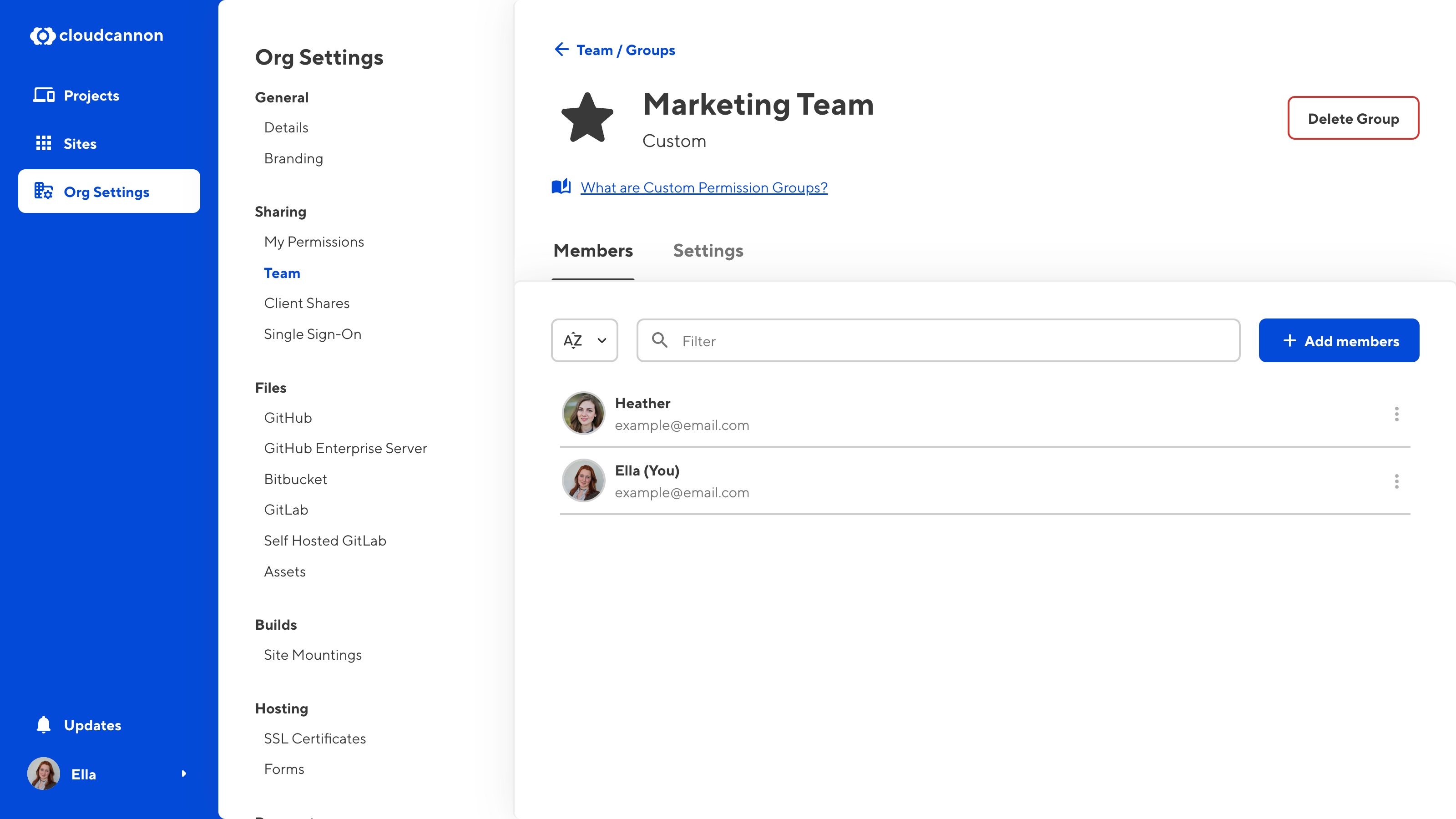 A screenshot of the Marketing Team Custom Permission Group page shows the two members and the Delete Group button.