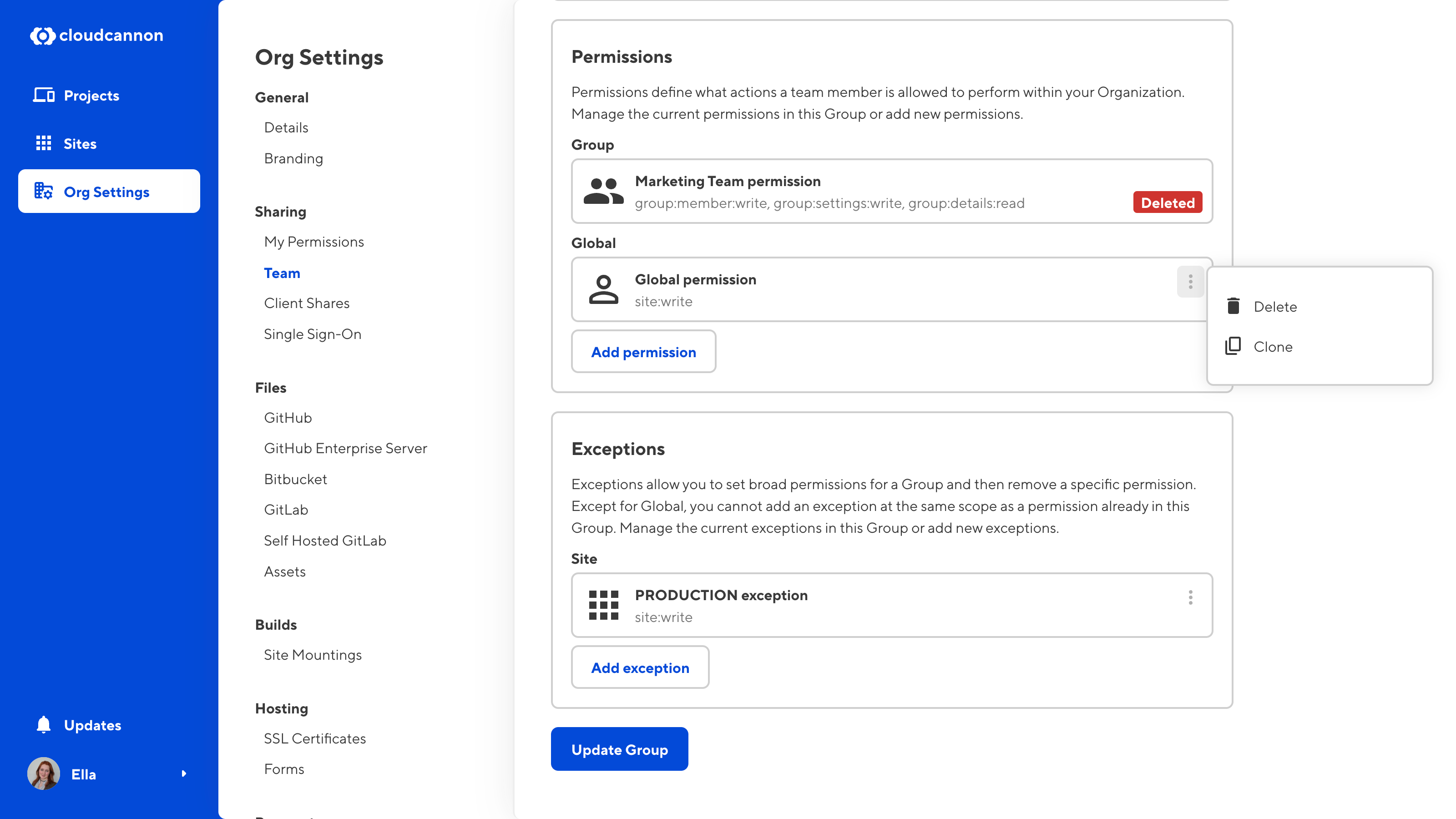 A screenshot of the Marketing Team Permission Group page shows one deleted permission and the Context menu of a second permission with the Delete option.