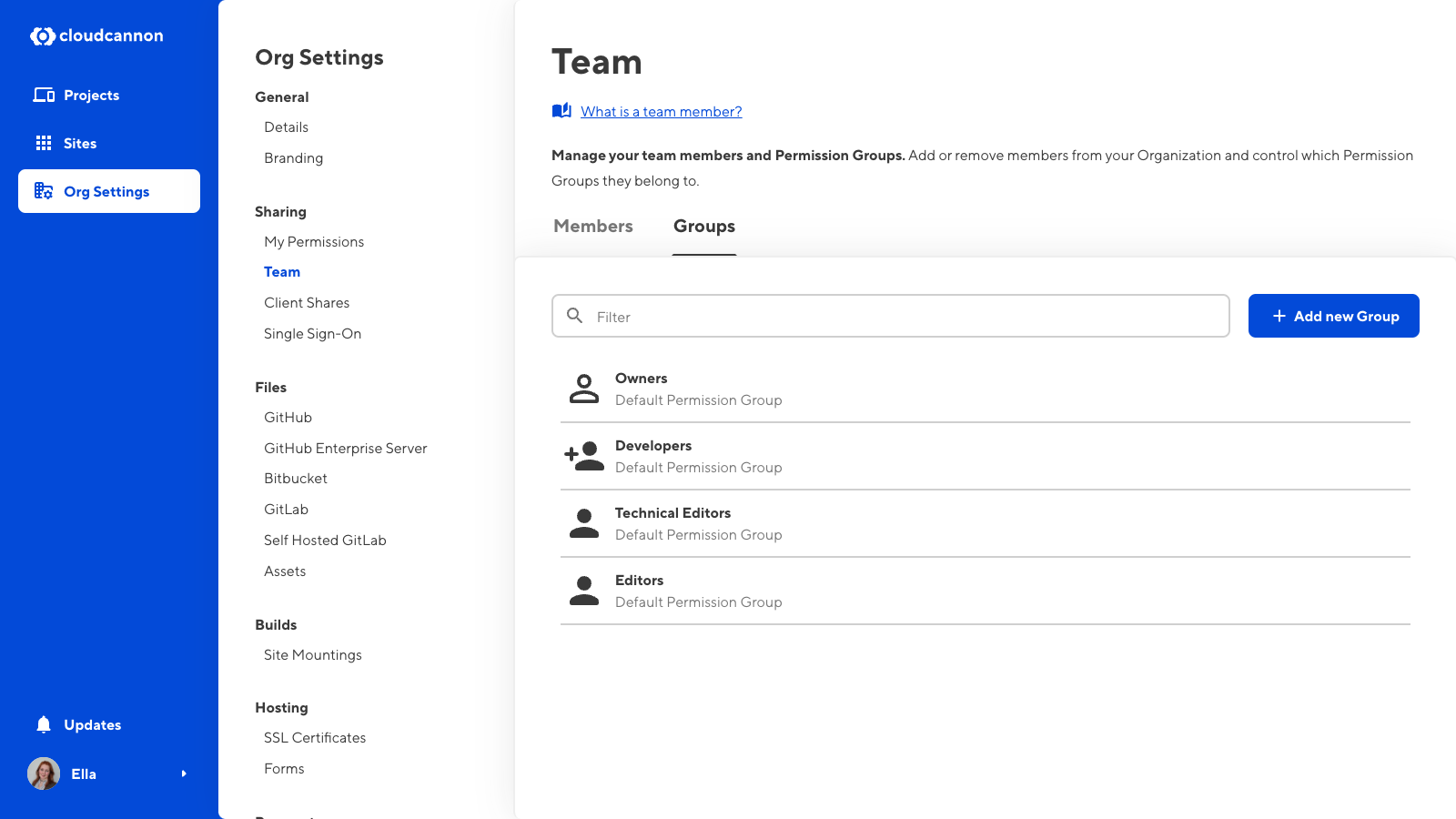 A screenshot of the Team page shows two team members and the + Add Groups button.