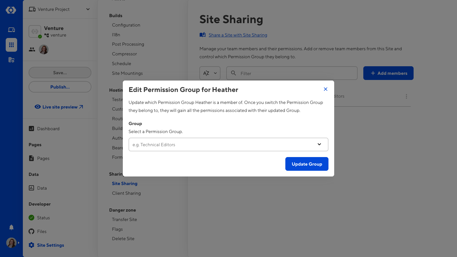 A screenshot of the Edit Permission Group modal shows one field to select which Site Sharing Permission Group a team member belongs to.