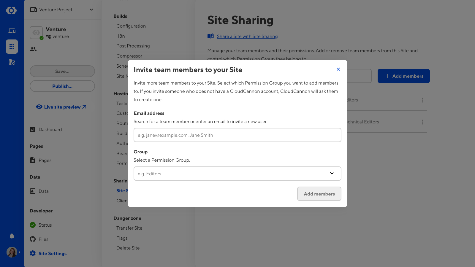 A screenshot of the Invite Team Members to Site modal shows two fields, one for names and one for Permission Groups.