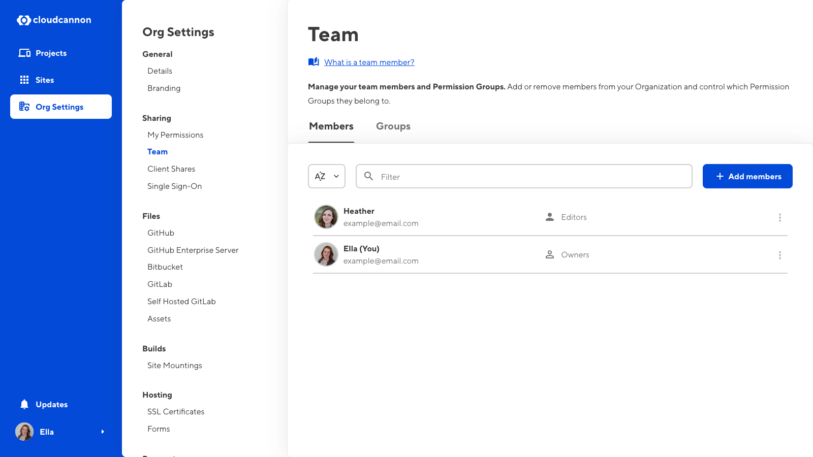 A screenshot of the Team page shows two team members and the + Add members button.