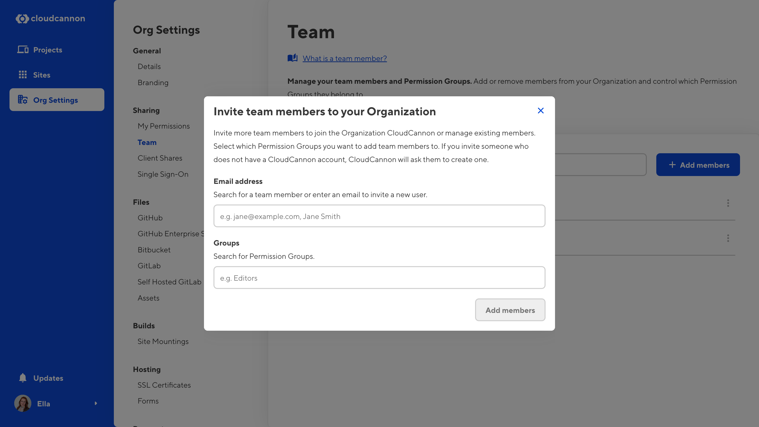 A screenshot of the Team page shows the Invite Team members modal with two fields for names and Permission Groups.