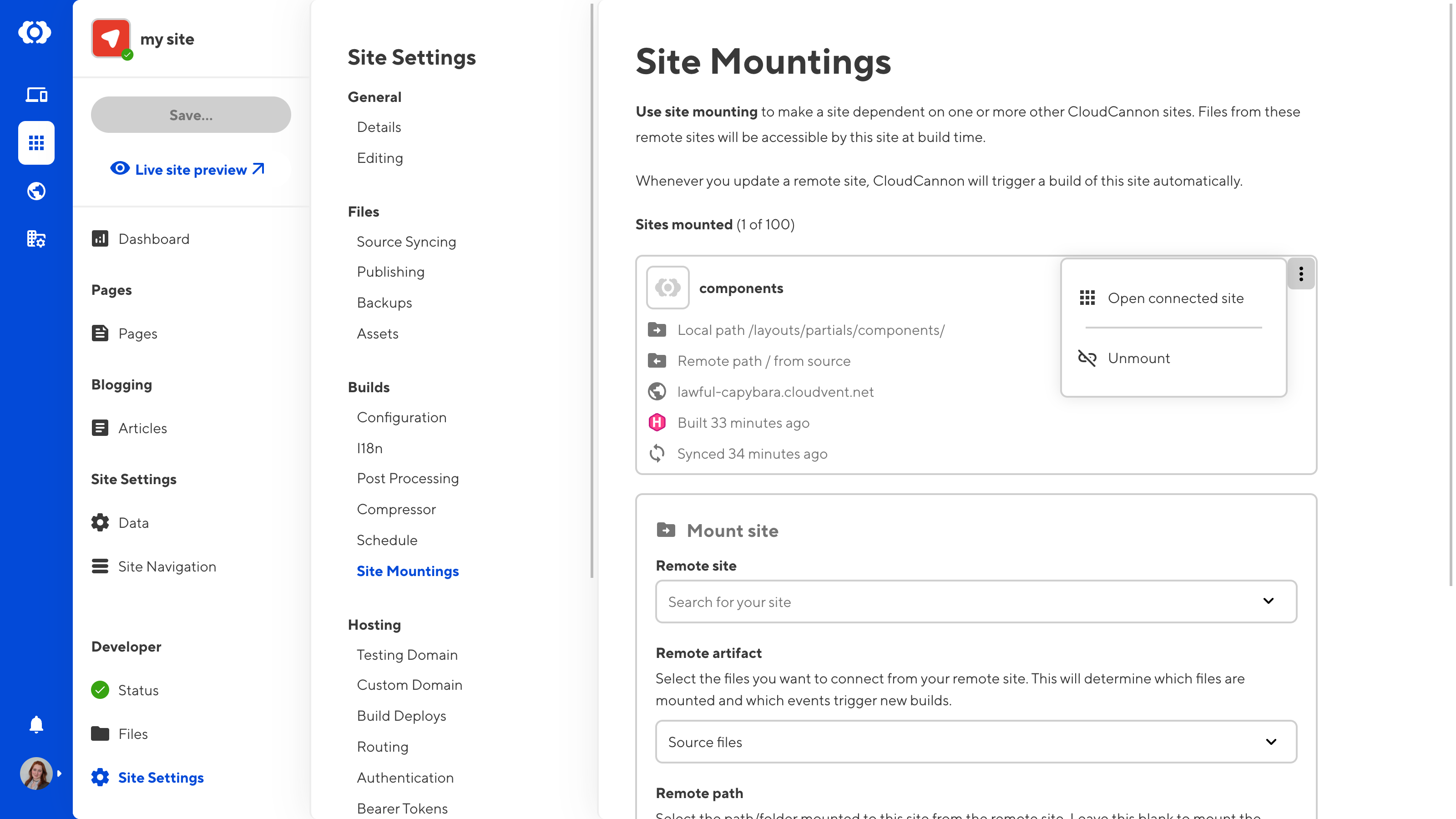 A screenshot of the CloudCannon app shows the Site Mountings page, with a context menu to unmount a site from the local site.