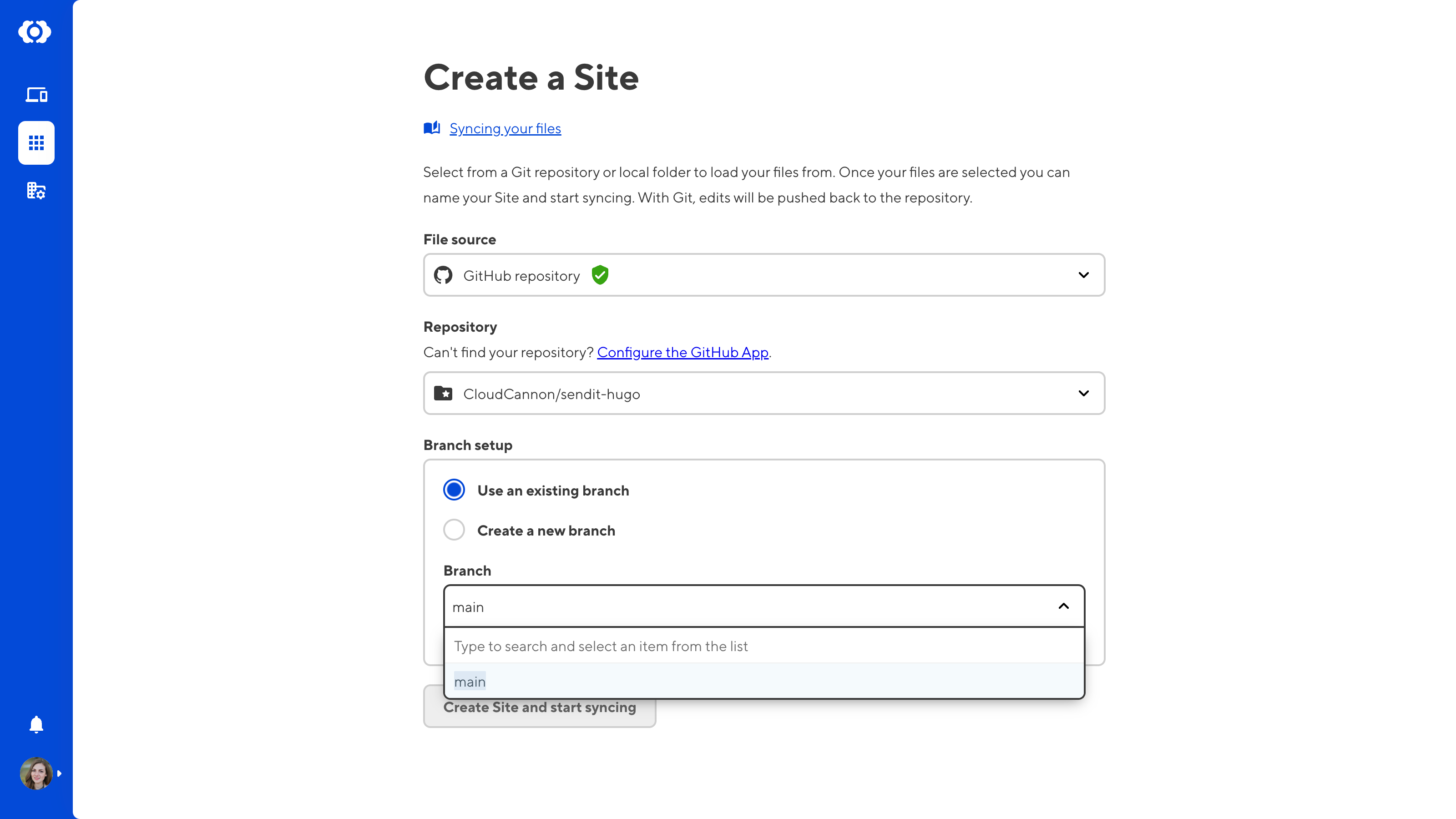 A screenshot of the Create a Site page shows the Branch setup options, including Use an existing branch or Create a new branch.