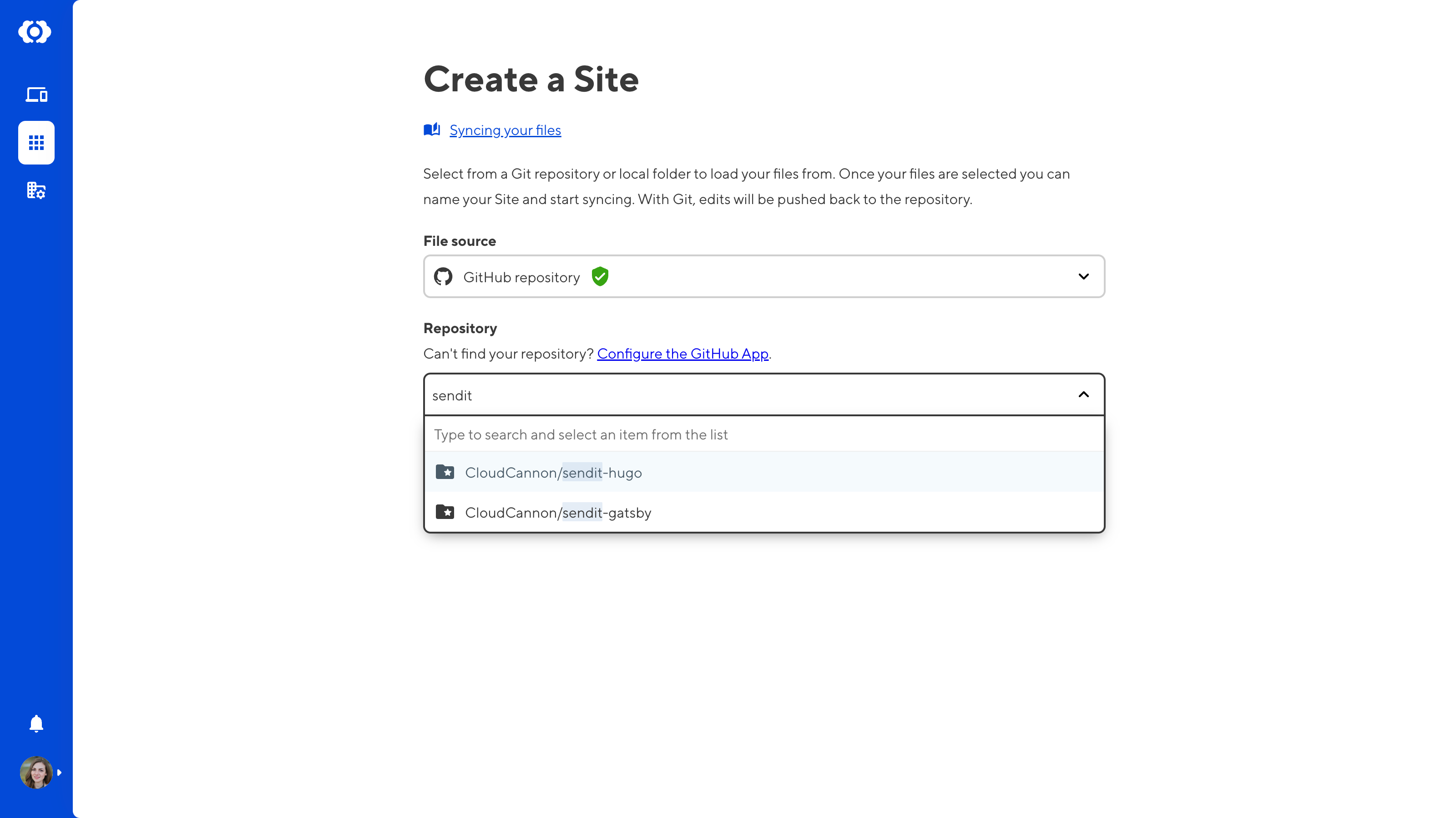 A screenshot of the Create a Site page shows the Repository dropdown, with options for Bitbucket, GitHub, Gitlab, and local files.