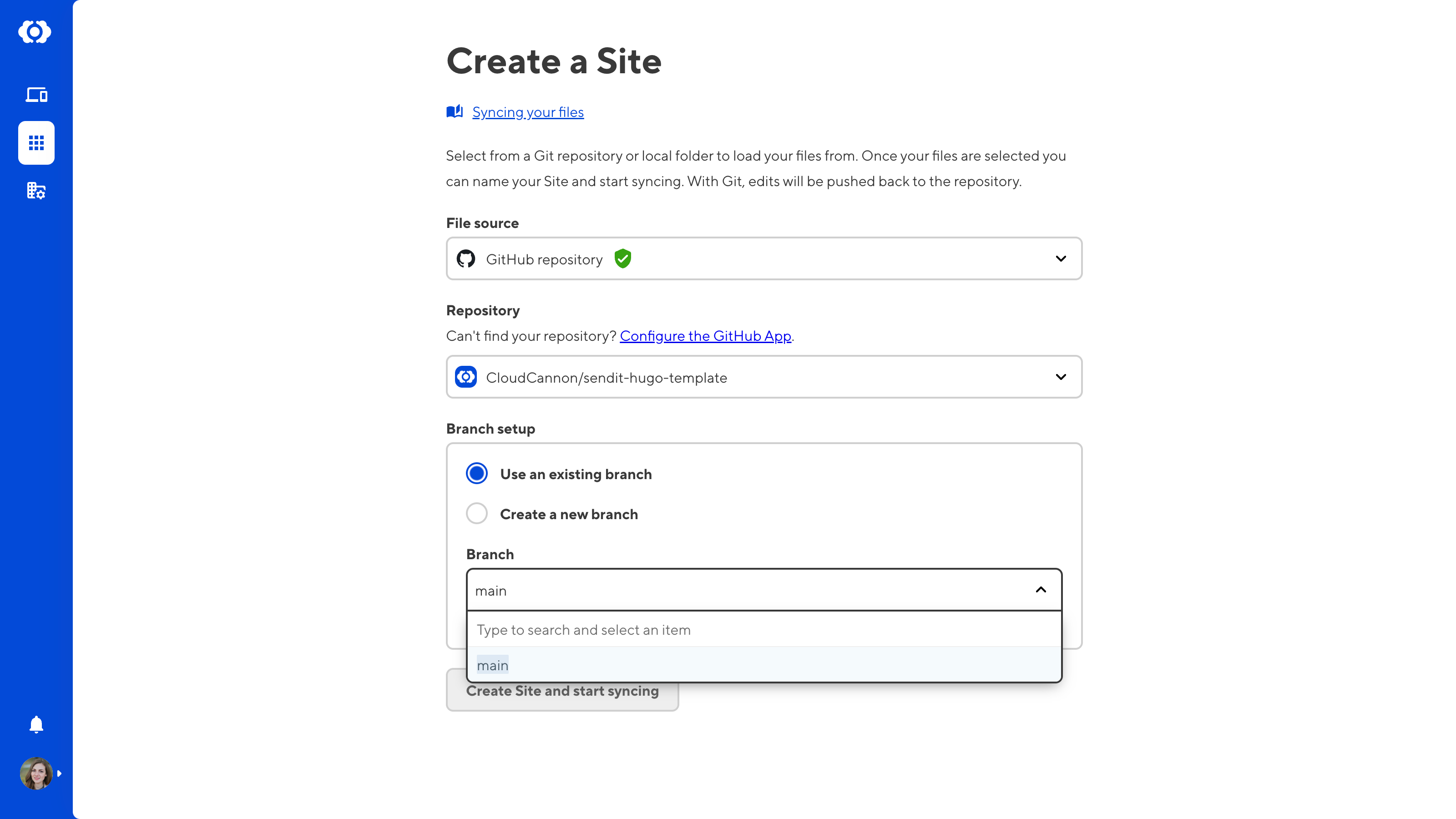 A screenshot of the Create a Site page shows the Branch setup options, including Use an existing branch or Create a new branch.