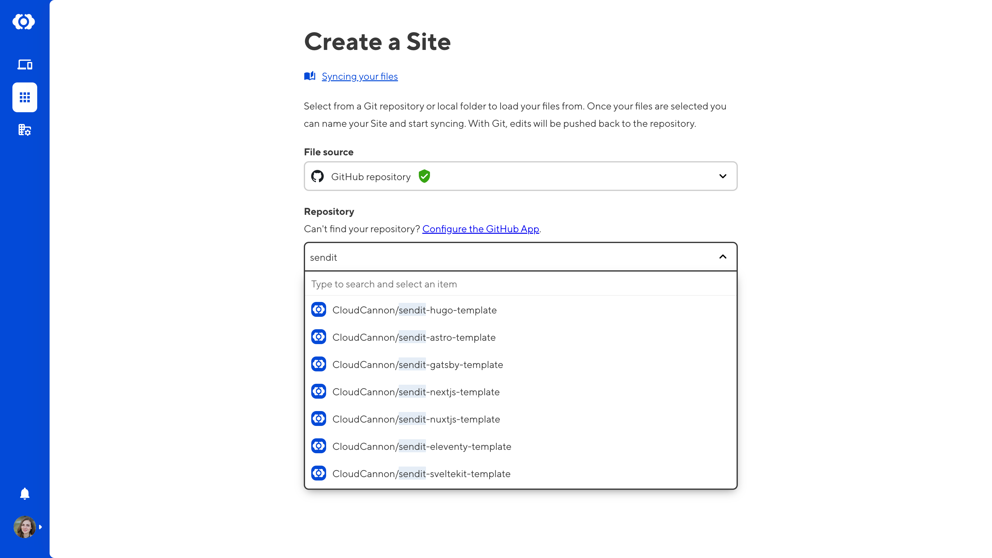 A screenshot of the Create a Site page shows the Repository select field to search for repositories associated with your Git provider.